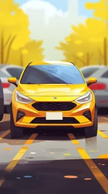 Bright Yellow Sedan Car in Parking Lot