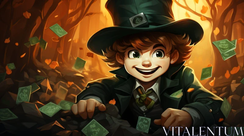 Cheerful Leprechaun Cartoon Illustration in Forest with Gold Coins AI Image