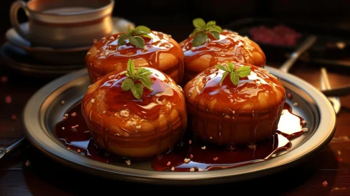 Delicious Muffins with Caramel Sauce and Mint Leaf