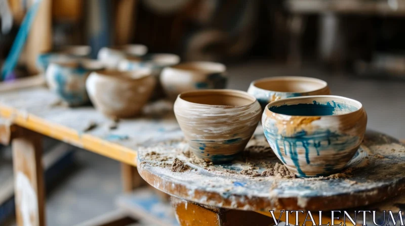Enchanting Pottery Workshop: Handcrafted Clay Pots on Wooden Table AI Image