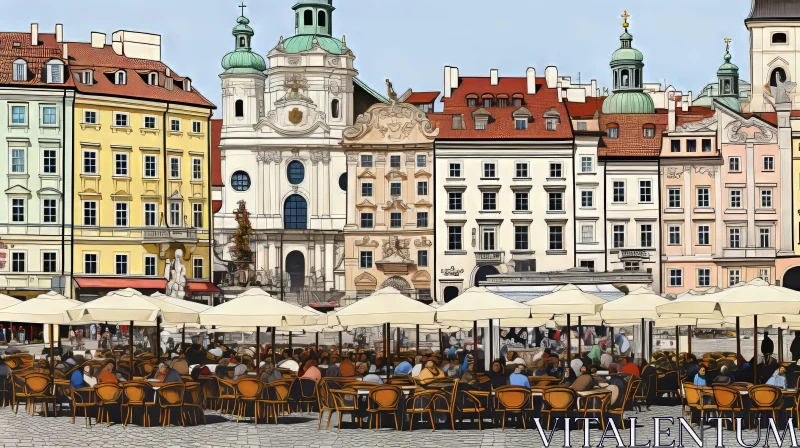 AI ART European City Square with Historic Buildings and Outdoor Dining