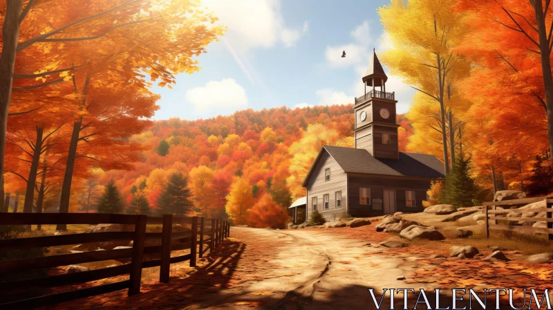 Fall Landscape with Vibrant Foliage and Wooden Church AI Image