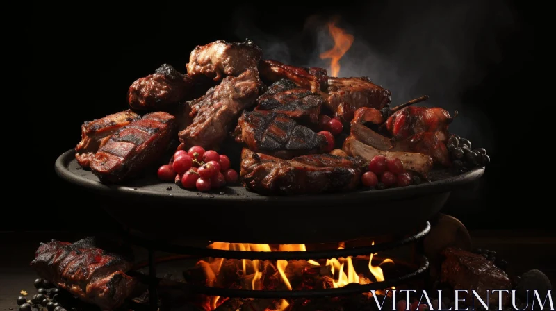 Grilled Meat and Roasted Grapes in Black Bowl AI Image