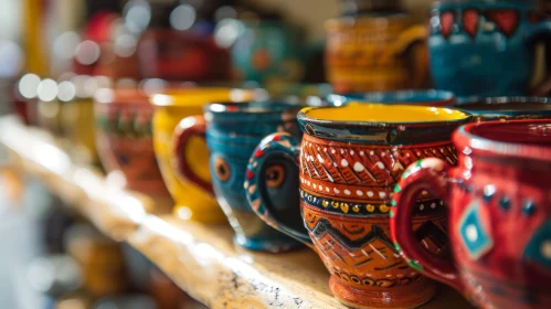 Handmade Ceramic Cups | Colorful Patterns | Wooden Shelf