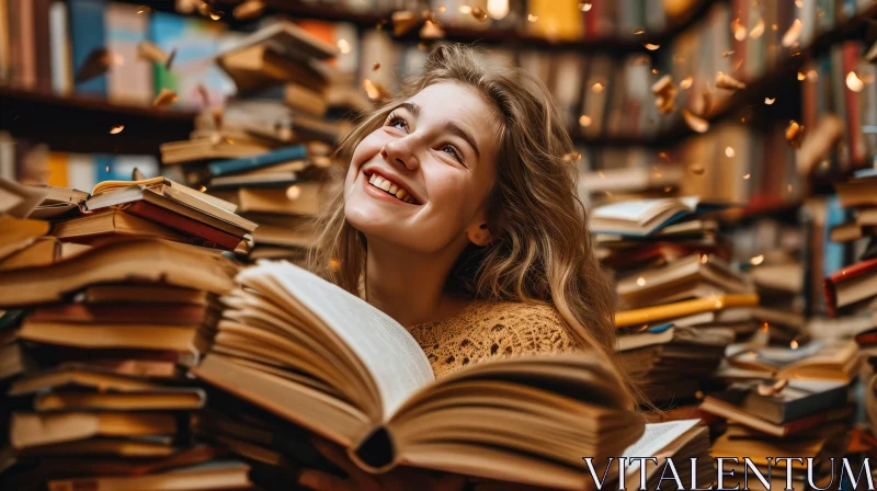 Happy Woman Reading a Book in a Library | Joyful Bookworm AI Image