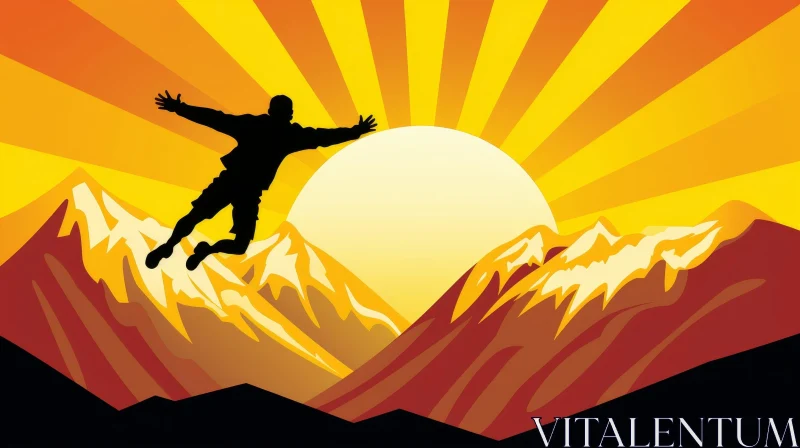 Man Jumping in Mountain Sunset Illustration AI Image