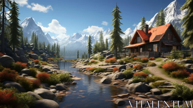 AI ART Mountain Valley Landscape with River and Forest