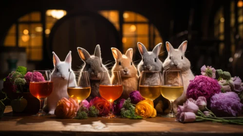 Rabbits Enjoying Wine at a Flower-Adorned Table