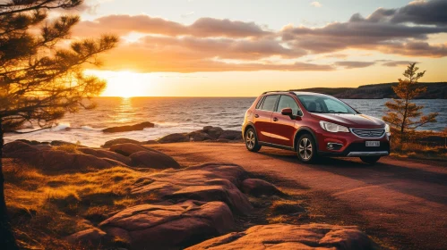 Red SUV on Rocky Coast at Sunset