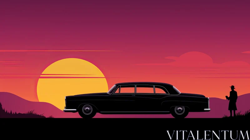 Retro Car and Man at Sunset Digital Painting AI Image