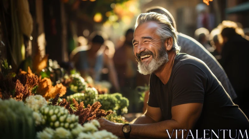 Smiling Man in Flower Shop with Colorful Flowers AI Image