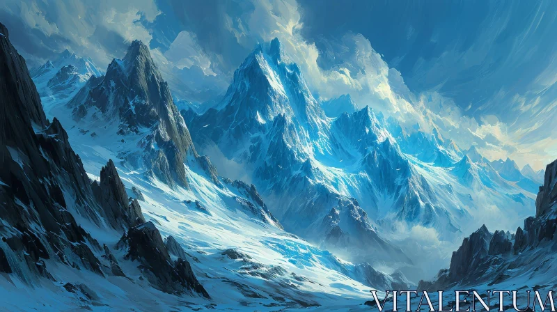 AI ART Snow-Capped Mountain Range - Majestic Natural Beauty