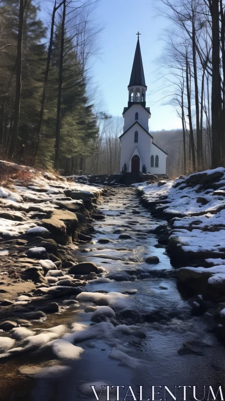 Snowy Church by Stream in Forest AI Image