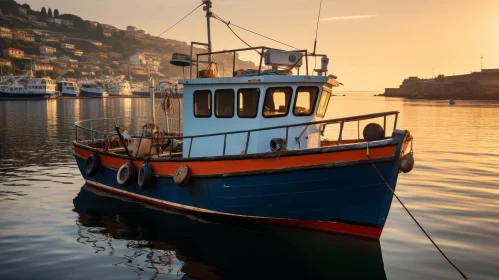 Tranquil Fishing Boat at Sunrise in Harbor