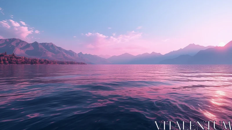 AI ART Tranquil Lake and Mountain Sunset Landscape