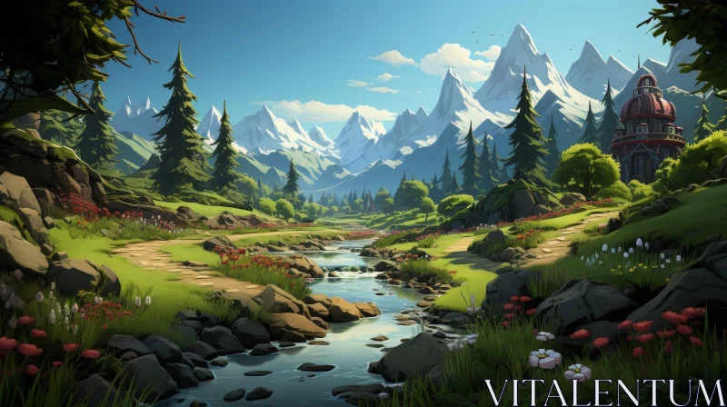 Tranquil Mountain Valley Landscape with River and Village AI Image