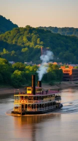 Tranquil Sunset River Steamboat Scene