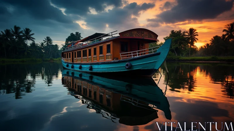 Tropical River Boat at Sunset AI Image