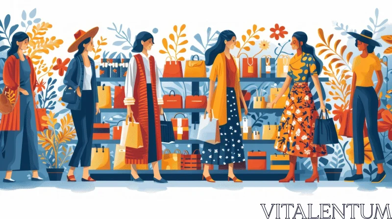 Vibrant Illustration of Diverse Women Shopping with Unique Styles AI Image