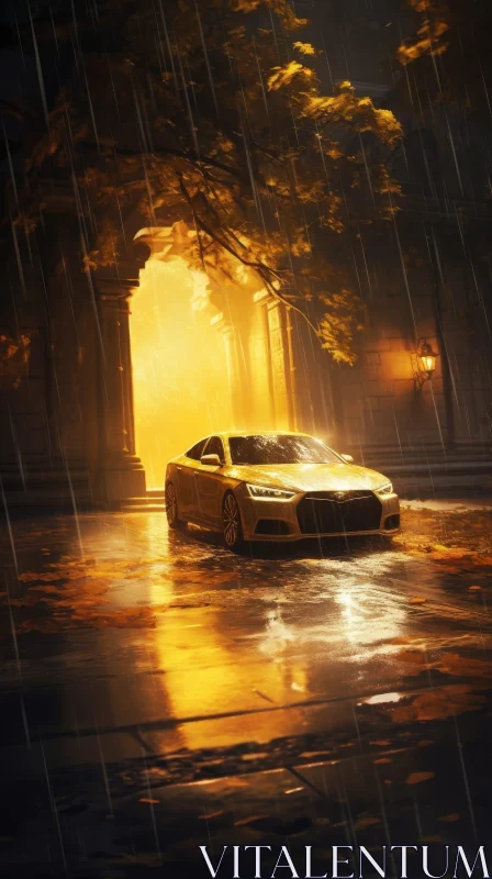Yellow Sports Car in Rainy Urban Street AI Image