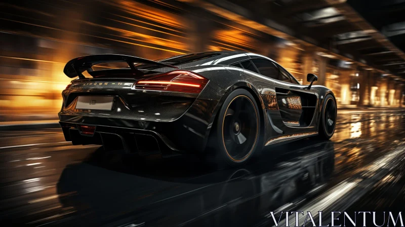 Black Sports Car Speeding Through Dark Tunnel AI Image