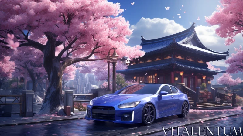 Blue Sports Car in Traditional Chinese Courtyard AI Image