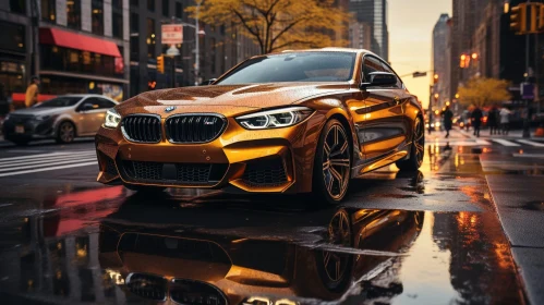 Bronze BMW M2 Competition on Wet City Street