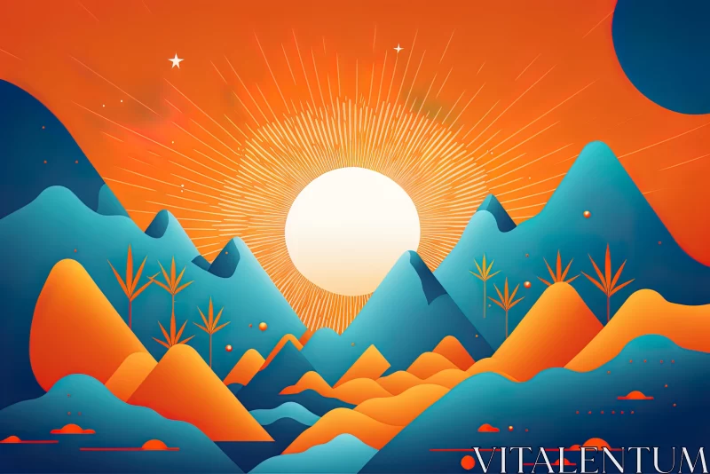 Captivating Illustration of Majestic Mountains and Radiant Sun AI Image