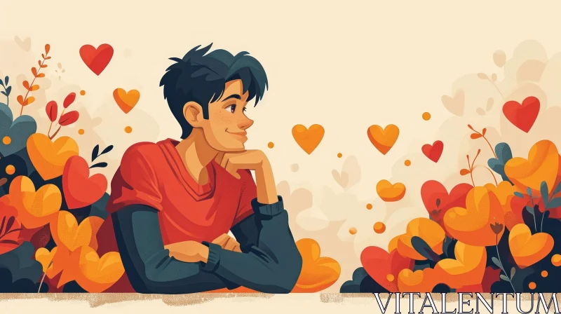 Cartoon Illustration of a Thoughtful Young Man AI Image