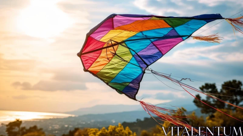 Colorful Kite Flying in the Majestic Sky at Sunset AI Image