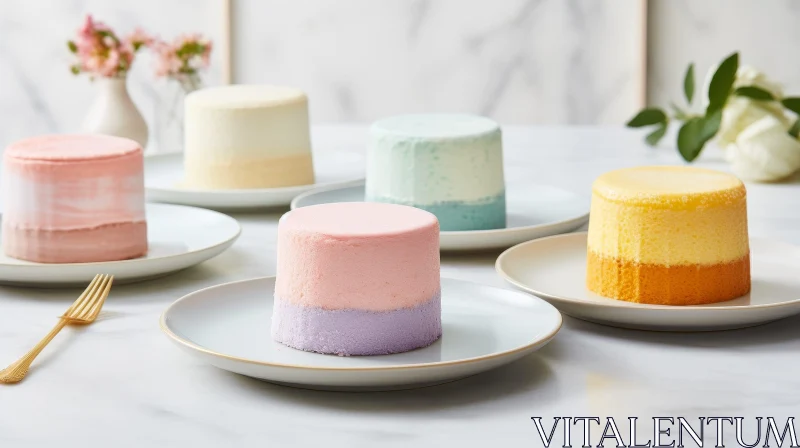 Delicious Pastel Cakes on White Plates - Food Photography AI Image