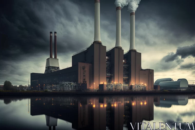 Eerie Dreamscape of a Coal Fired Power Plant under Stormy Skies AI Image