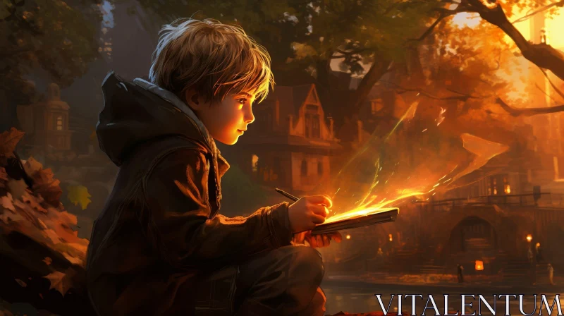 Enchanting Forest Scene with Young Boy and Book AI Image