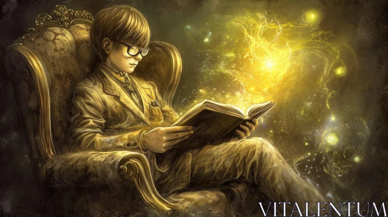 Enchanting Painting: Young Man Reading a Book in a Golden Glow AI Image