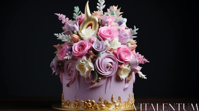 AI ART Exquisite Flower Cake with Unicorn Horn - Perfect for Birthday or Wedding