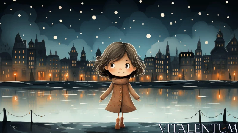 Girl on Frozen Lake - Cartoon Illustration AI Image