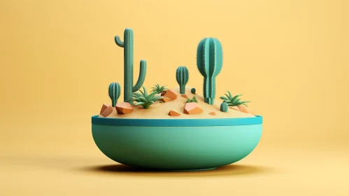 Green Bowl with Sand and Cacti - 3D Illustration