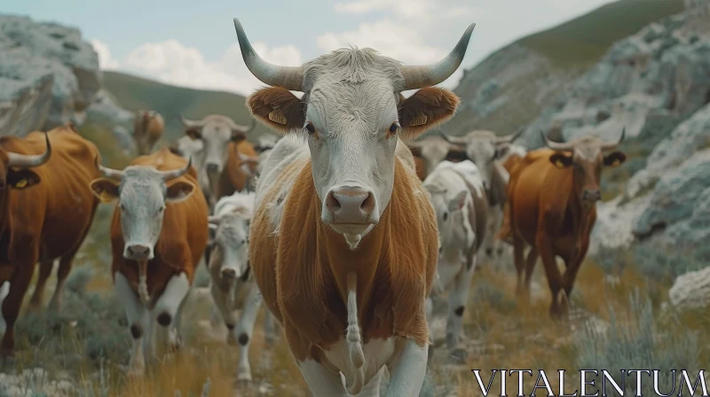 AI ART Majestic Cows on Rocky Pasture