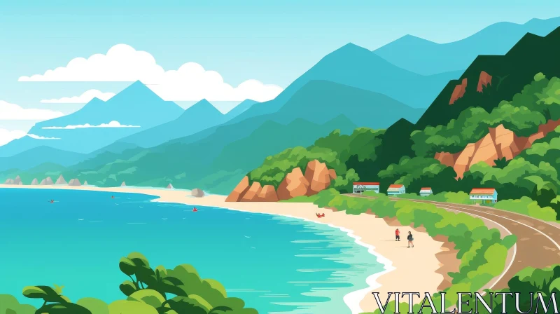 AI ART Tranquil Beach Landscape with Mountains and Houses