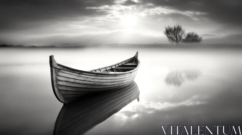 Tranquil Boat on Calm Lake - Black and White AI Image