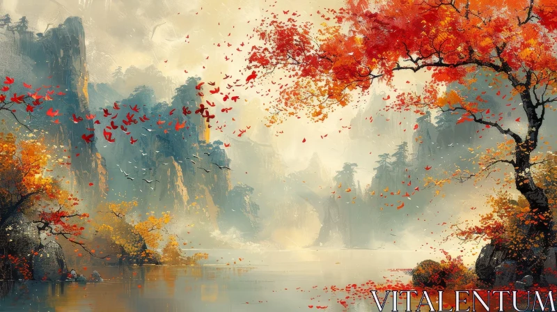 Tranquil Mountain Lake Painting in Autumn AI Image