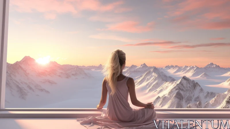 Woman in White Dress Admiring Snowy Mountain Sunset AI Image