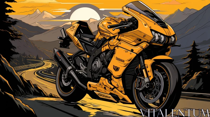 Yellow Sport Motorcycle in Mountain Sunset AI Image