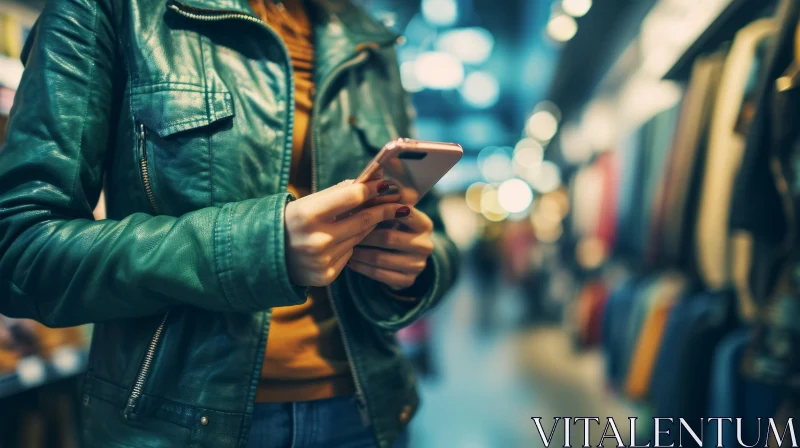 Young Woman Using Smartphone in Shopping Mall | Fashionable Green Leather Jacket AI Image