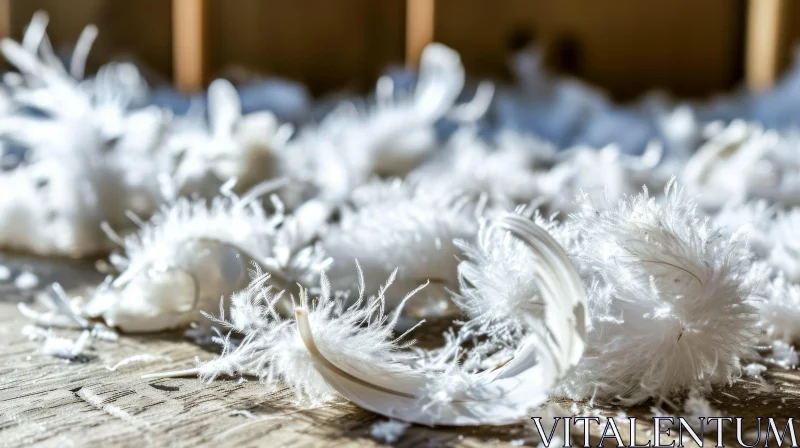 Close-Up of White Feathers on Wooden Surface | Soft and Fluffy AI Image