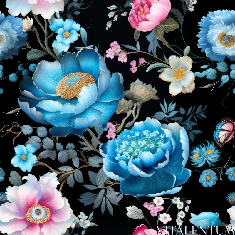 AI ART Dark Blue Floral Pattern with Butterfly