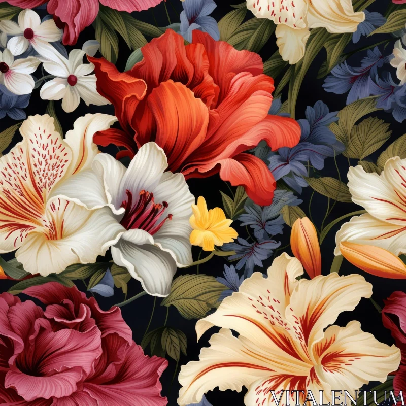 Dark Floral Seamless Pattern with Lilies and Roses AI Image