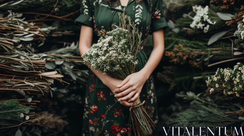 Enchanting Woman in Green Dress with Bouquet of White Flowers AI Image