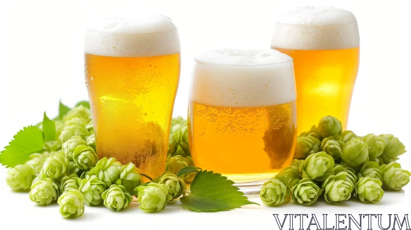 Exquisite Composition of Light Beer and Hop Cones on White Background AI Image
