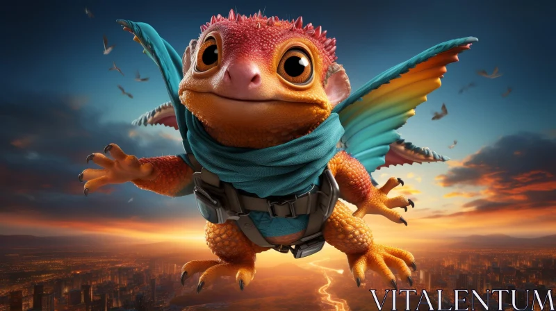 Friendly Cartoon Dragon Flying Over City at Sunset AI Image
